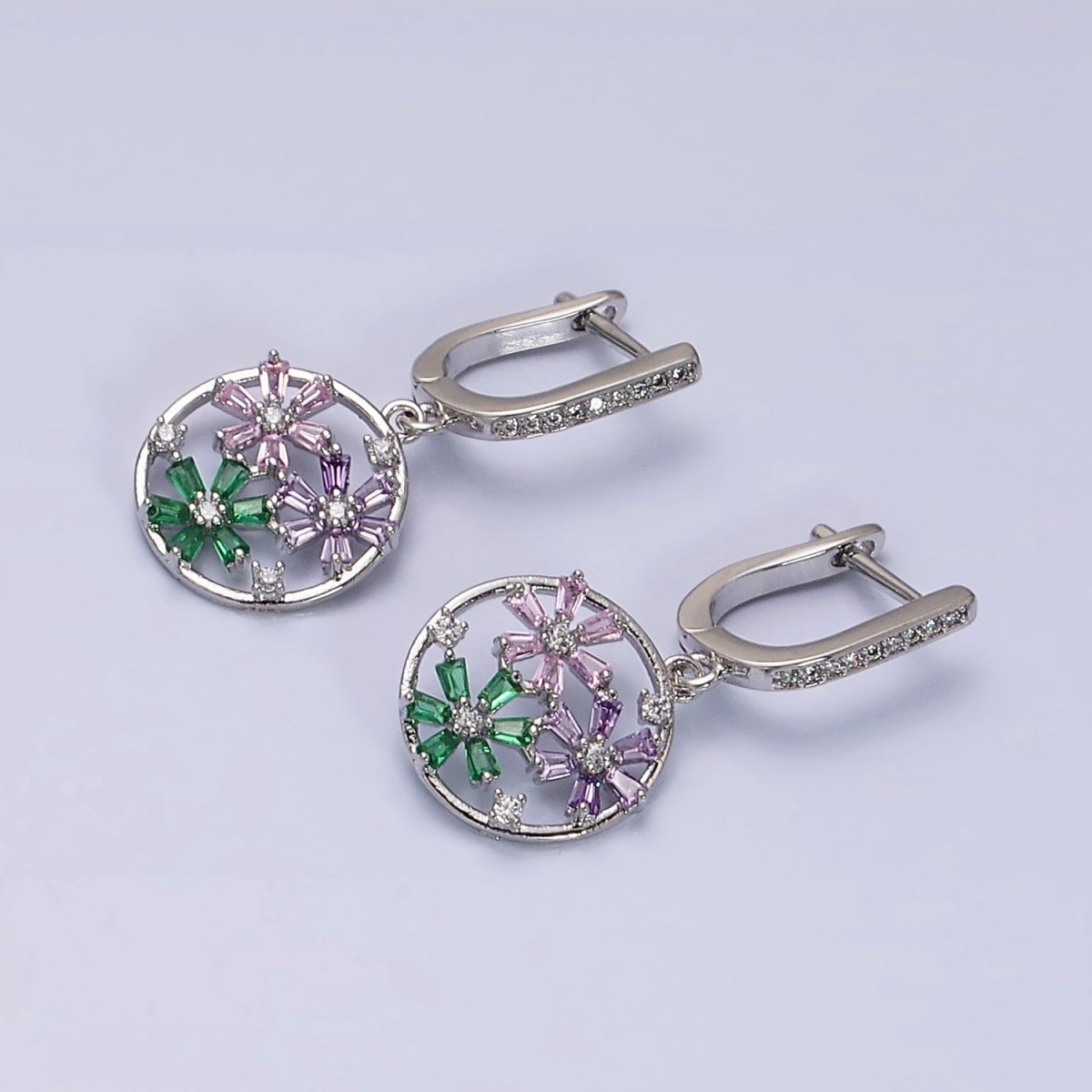 16K Gold Filled Flower Baguette Multicolor Open Drop Micro Paved English Lock Earrings in Gold & Silver | AD1179 AD1180 - DLUXCA