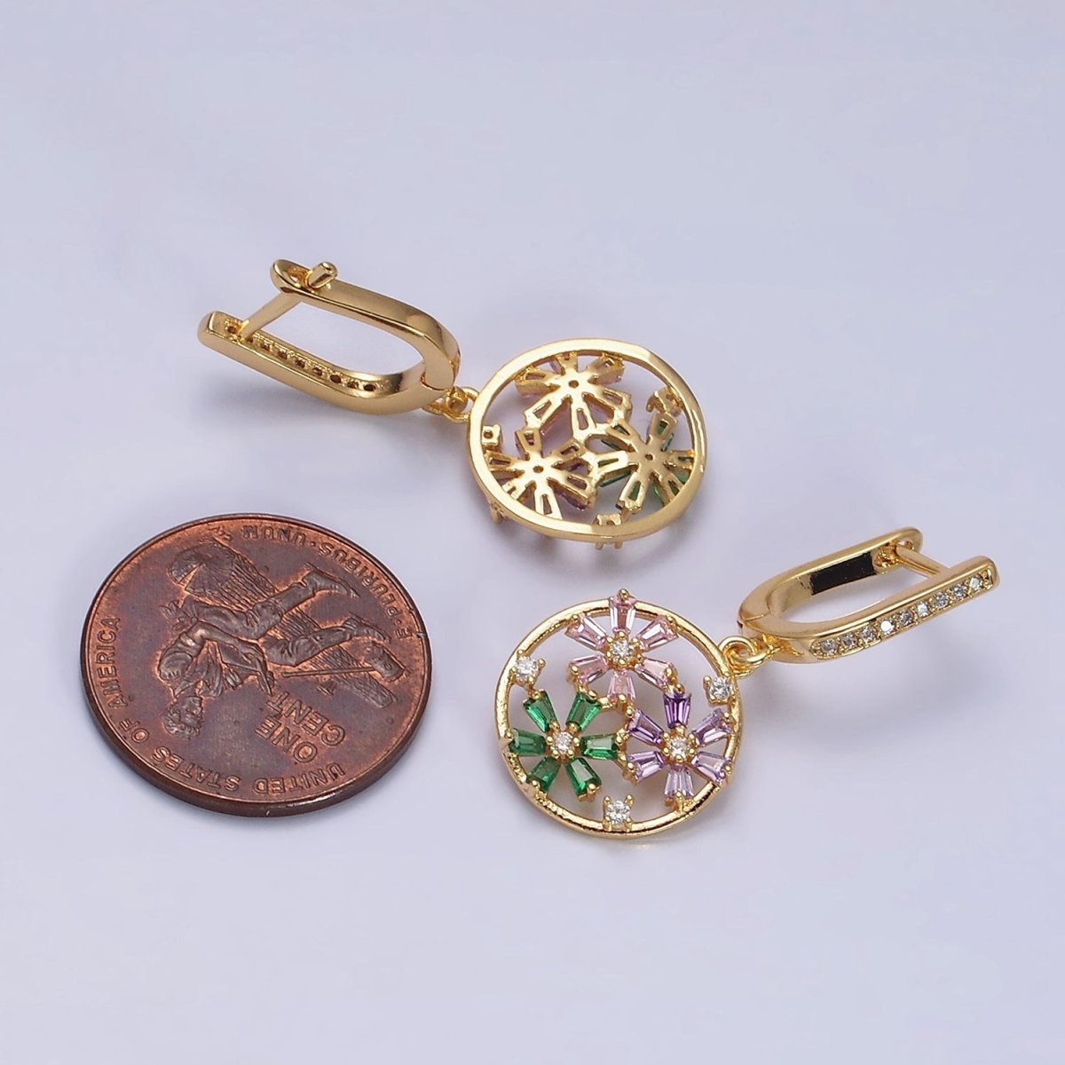 16K Gold Filled Flower Baguette Multicolor Open Drop Micro Paved English Lock Earrings in Gold & Silver | AD1179 AD1180 - DLUXCA