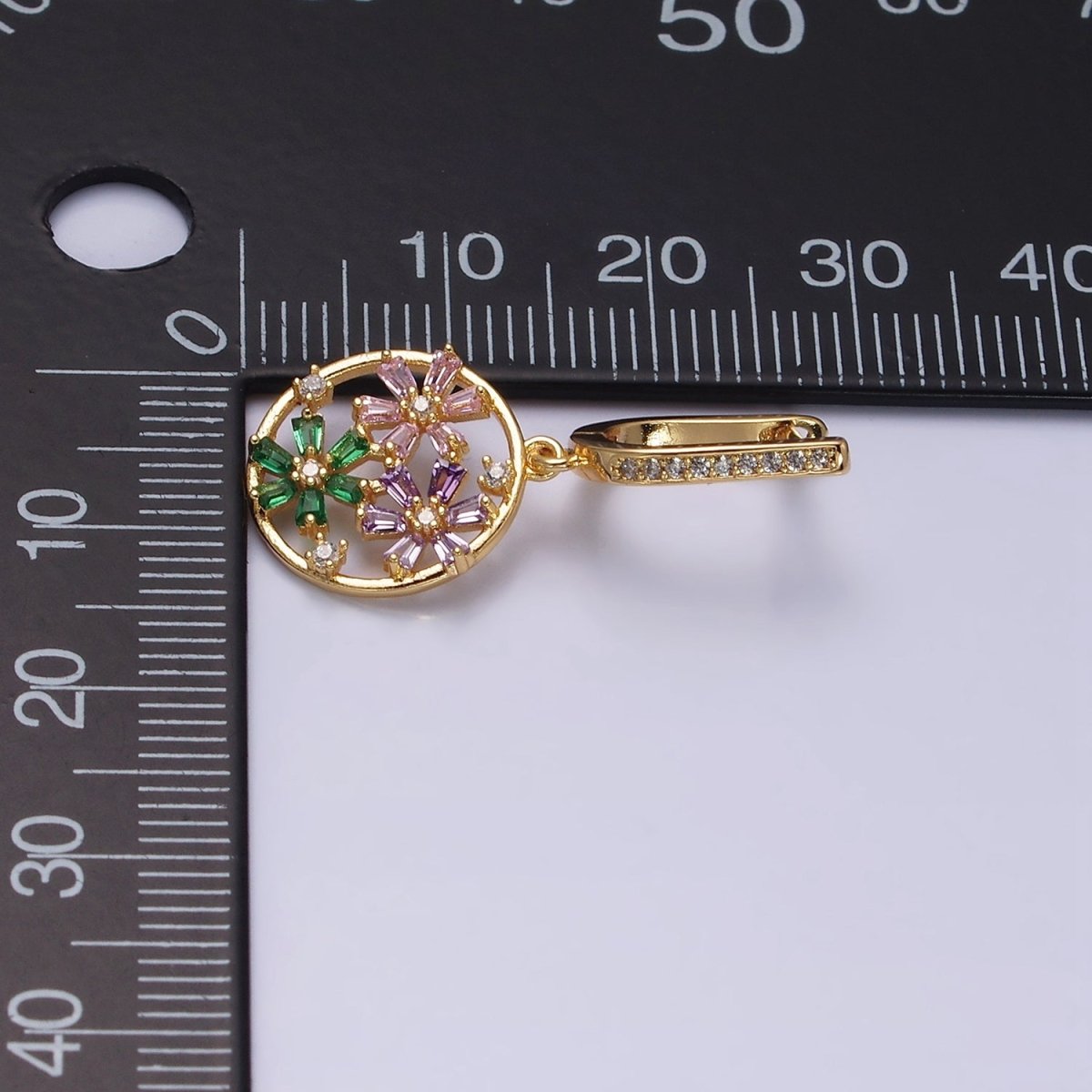 16K Gold Filled Flower Baguette Multicolor Open Drop Micro Paved English Lock Earrings in Gold & Silver | AD1179 AD1180 - DLUXCA