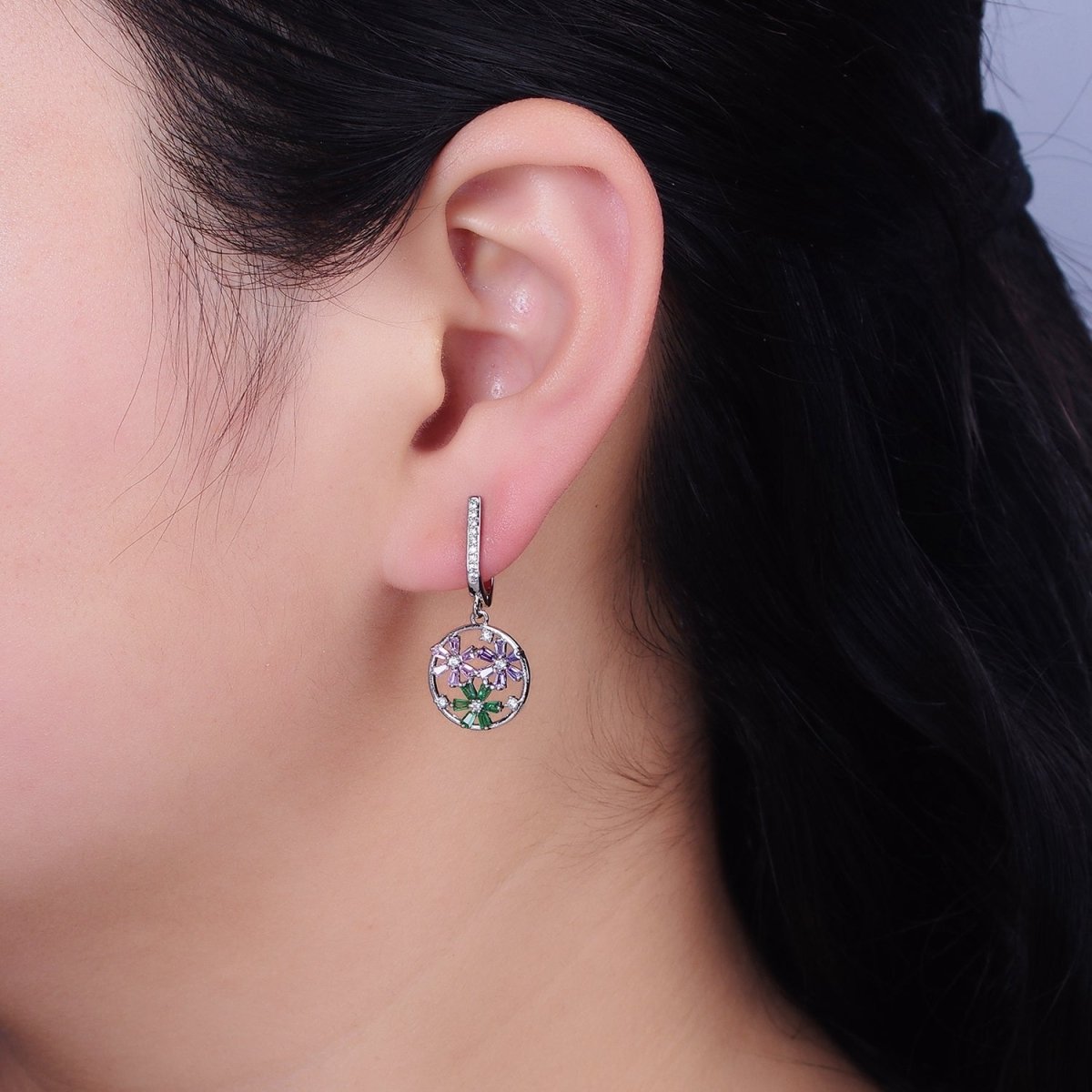 16K Gold Filled Flower Baguette Multicolor Open Drop Micro Paved English Lock Earrings in Gold & Silver | AD1179 AD1180 - DLUXCA