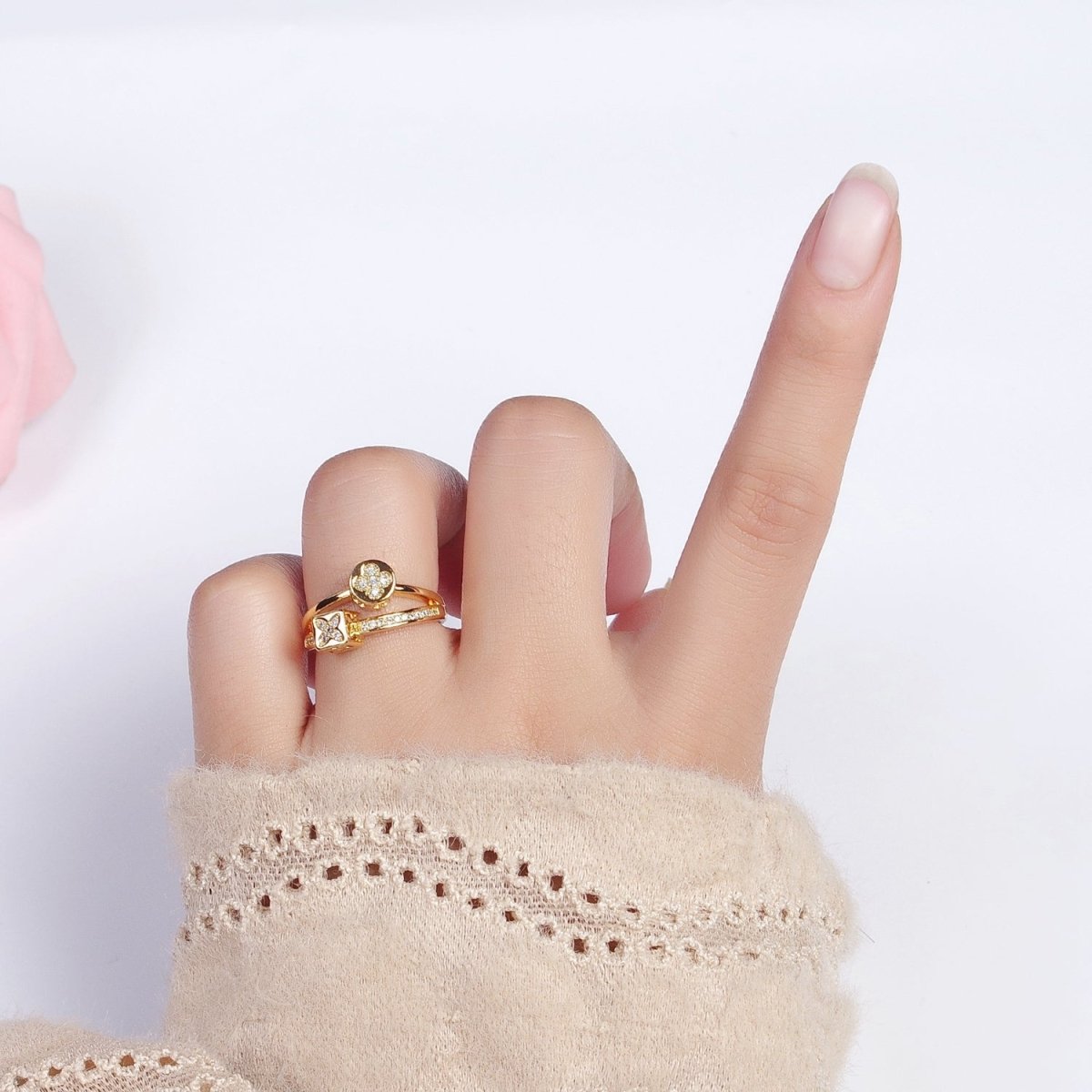 16K Gold Filled Flower Clover Quatrefoil Bead Double Band Micro Paved CZ Ring in Gold & Silver | O-1615 O-1616 - DLUXCA