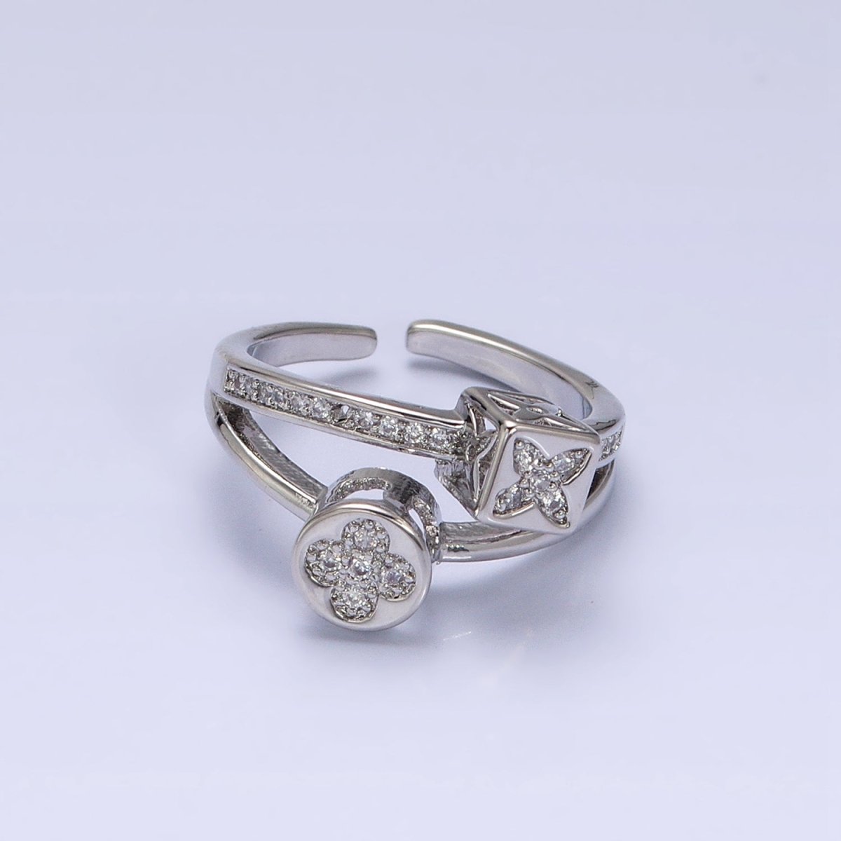 16K Gold Filled Flower Clover Quatrefoil Bead Double Band Micro Paved CZ Ring in Gold & Silver | O-1615 O-1616 - DLUXCA