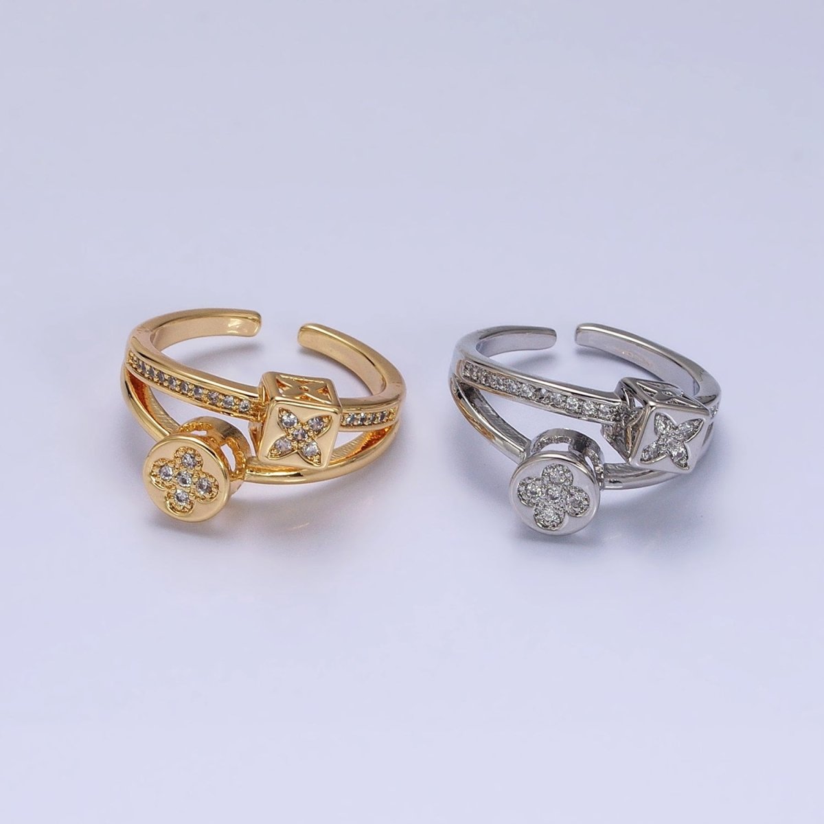 16K Gold Filled Flower Clover Quatrefoil Bead Double Band Micro Paved CZ Ring in Gold & Silver | O-1615 O-1616 - DLUXCA