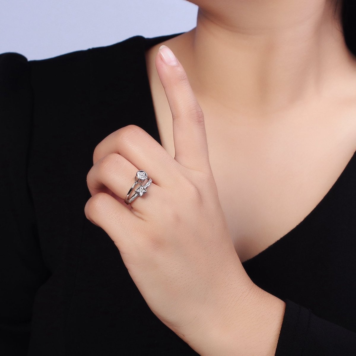 16K Gold Filled Flower Clover Quatrefoil Bead Double Band Micro Paved CZ Ring in Gold & Silver | O-1615 O-1616 - DLUXCA