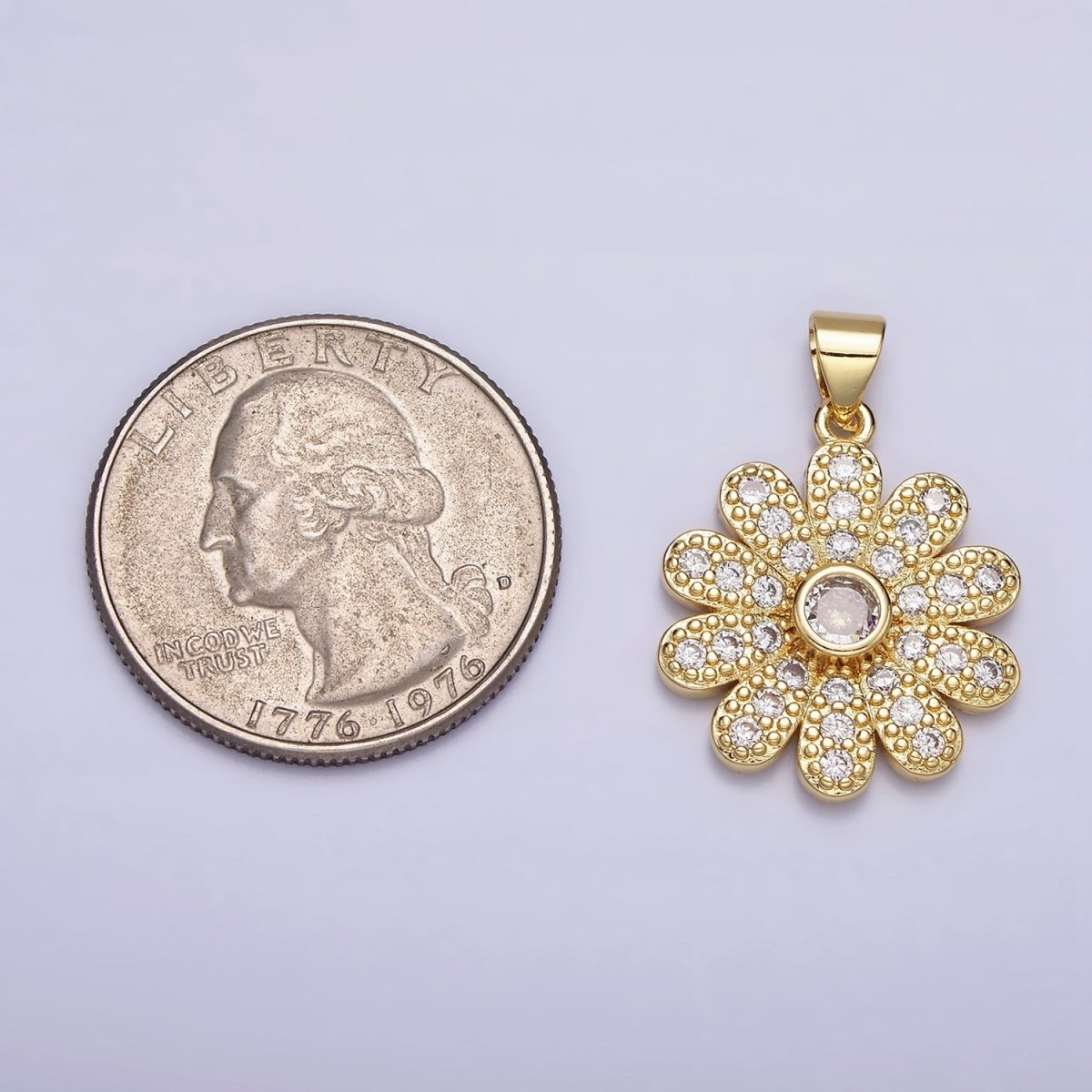 16K Gold Filled Flower Daisy Clear CZ Micro Paved Pendant | AA439 - DLUXCA