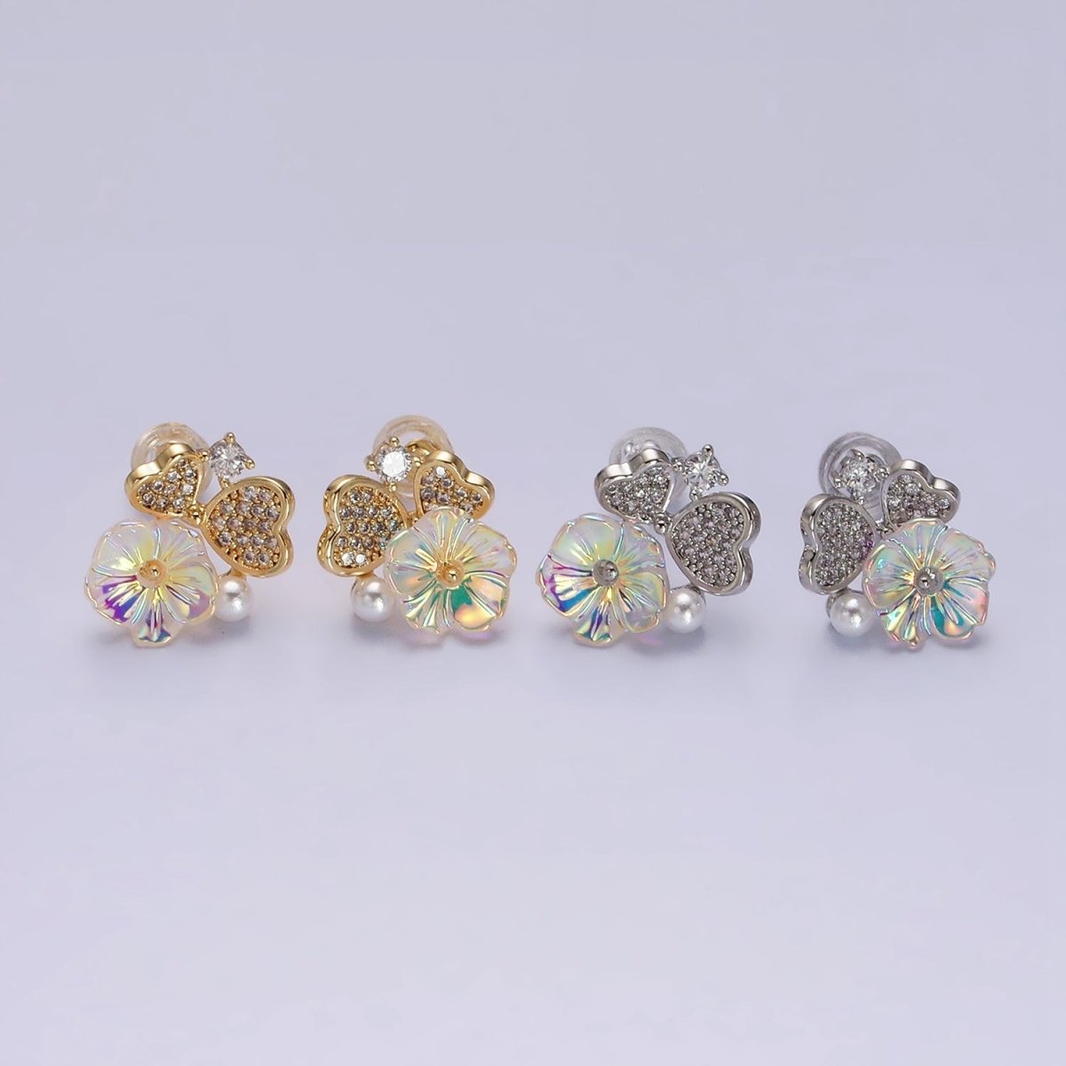 16K Gold Filled Flower Iridescent Acrylic Heart Petal Micro Paved CZ Pearl Stud Earrings in Gold & Silver | AD1552 AD1553 - DLUXCA