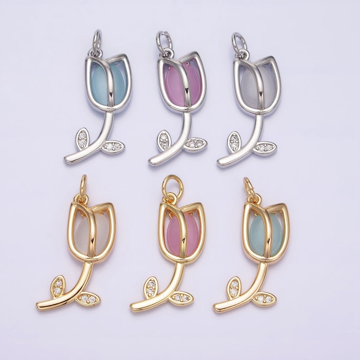 16K Gold Filled Flower Tulip Rose White, Blue, Pink Cat Eye Cabochon Charm in Gold & Silver | AC1073 - AC1078 - DLUXCA