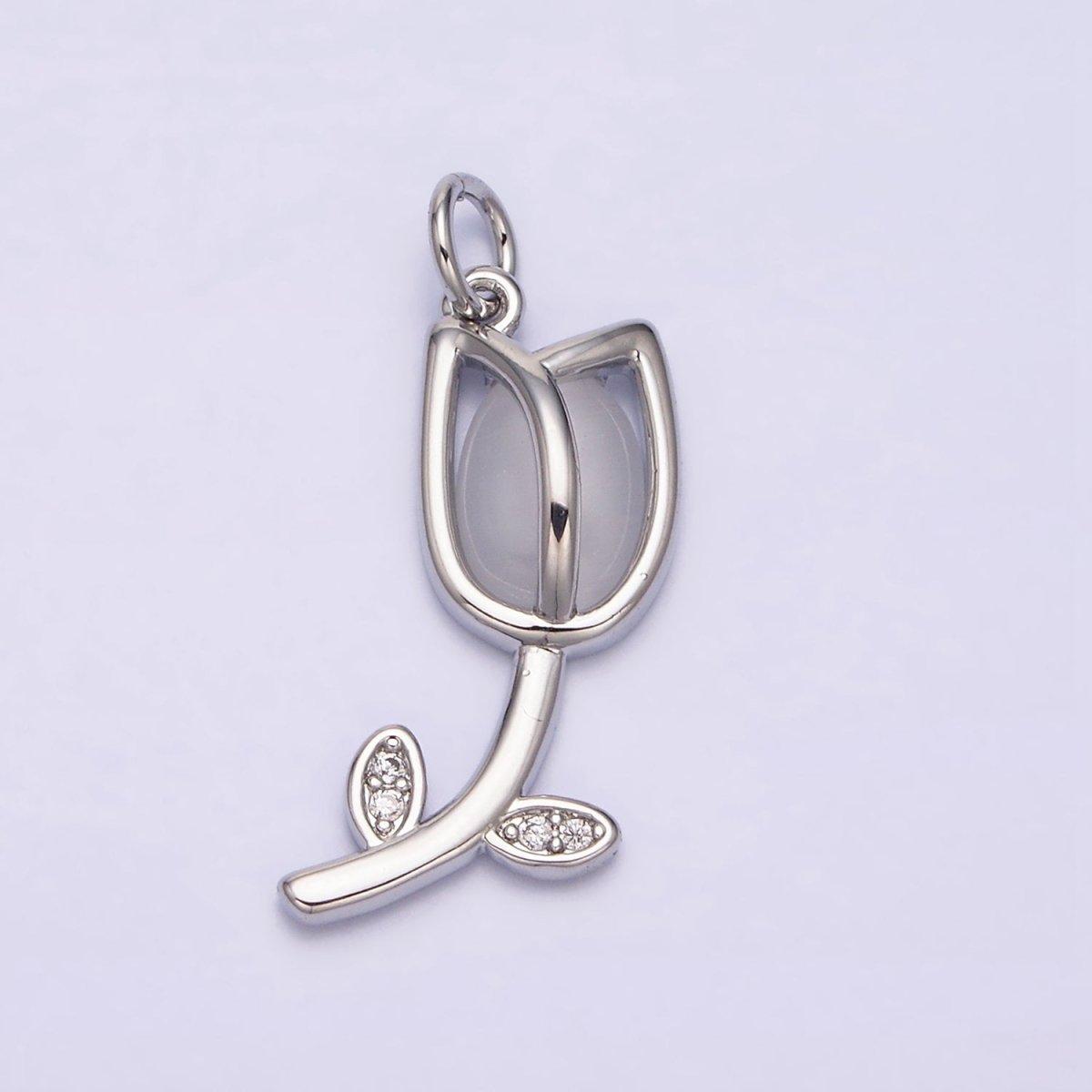 16K Gold Filled Flower Tulip Rose White, Blue, Pink Cat Eye Cabochon Charm in Gold & Silver | AC1073 - AC1078 - DLUXCA