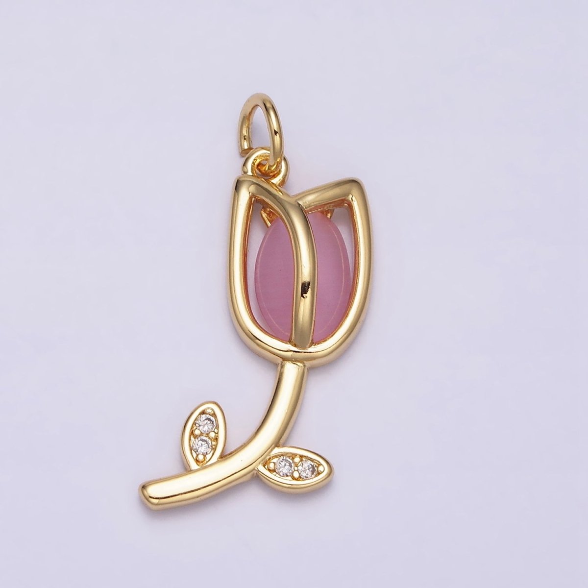 16K Gold Filled Flower Tulip Rose White, Blue, Pink Cat Eye Cabochon Charm in Gold & Silver | AC1073 - AC1078 - DLUXCA