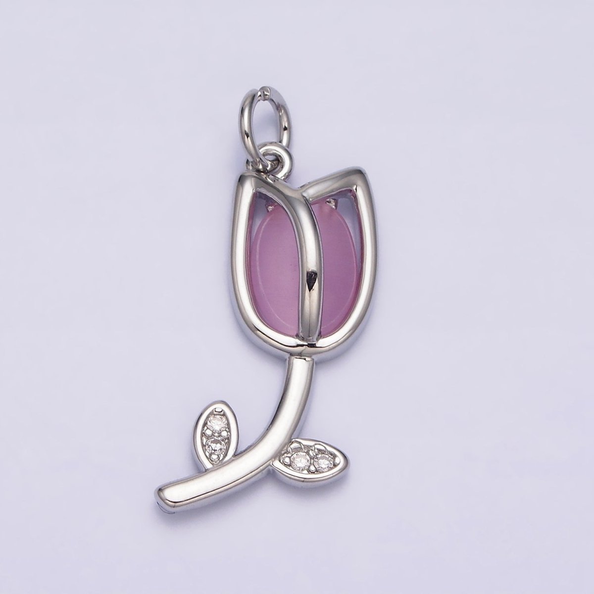 16K Gold Filled Flower Tulip Rose White, Blue, Pink Cat Eye Cabochon Charm in Gold & Silver | AC1073 - AC1078 - DLUXCA