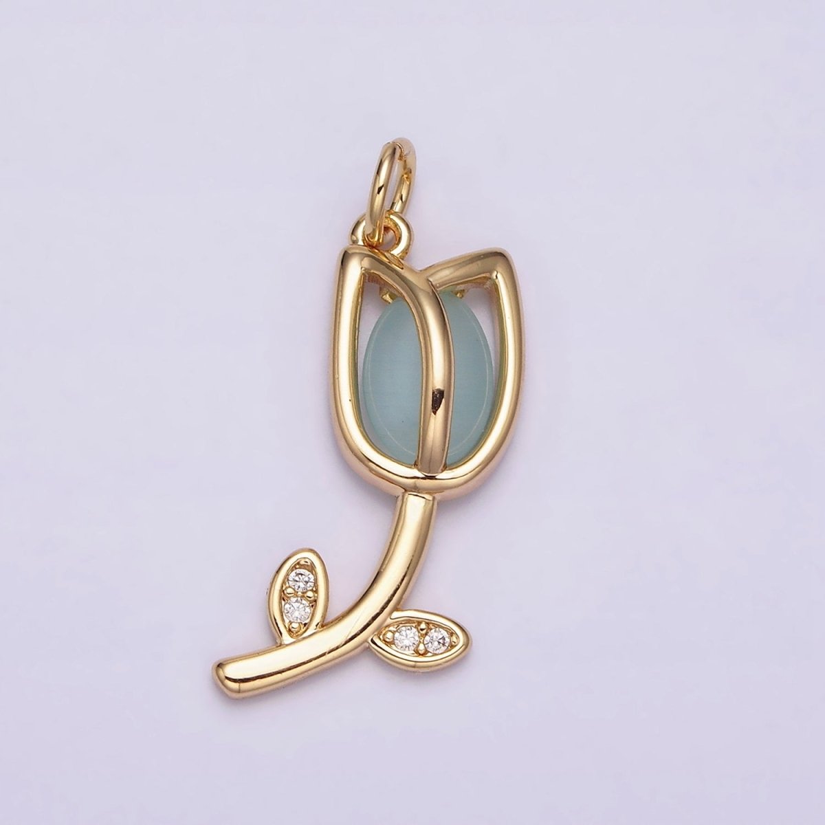 16K Gold Filled Flower Tulip Rose White, Blue, Pink Cat Eye Cabochon Charm in Gold & Silver | AC1073 - AC1078 - DLUXCA