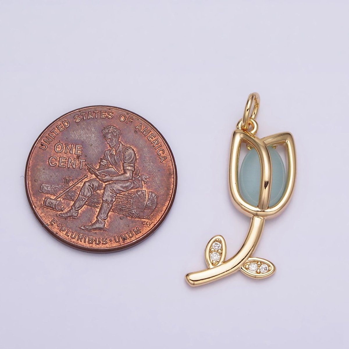 16K Gold Filled Flower Tulip Rose White, Blue, Pink Cat Eye Cabochon Charm in Gold & Silver | AC1073 - AC1078 - DLUXCA