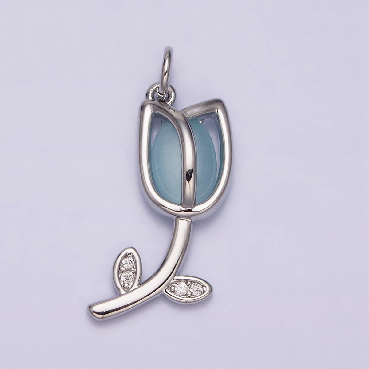 16K Gold Filled Flower Tulip Rose White, Blue, Pink Cat Eye Cabochon Charm in Gold & Silver | AC1073 - AC1078 - DLUXCA