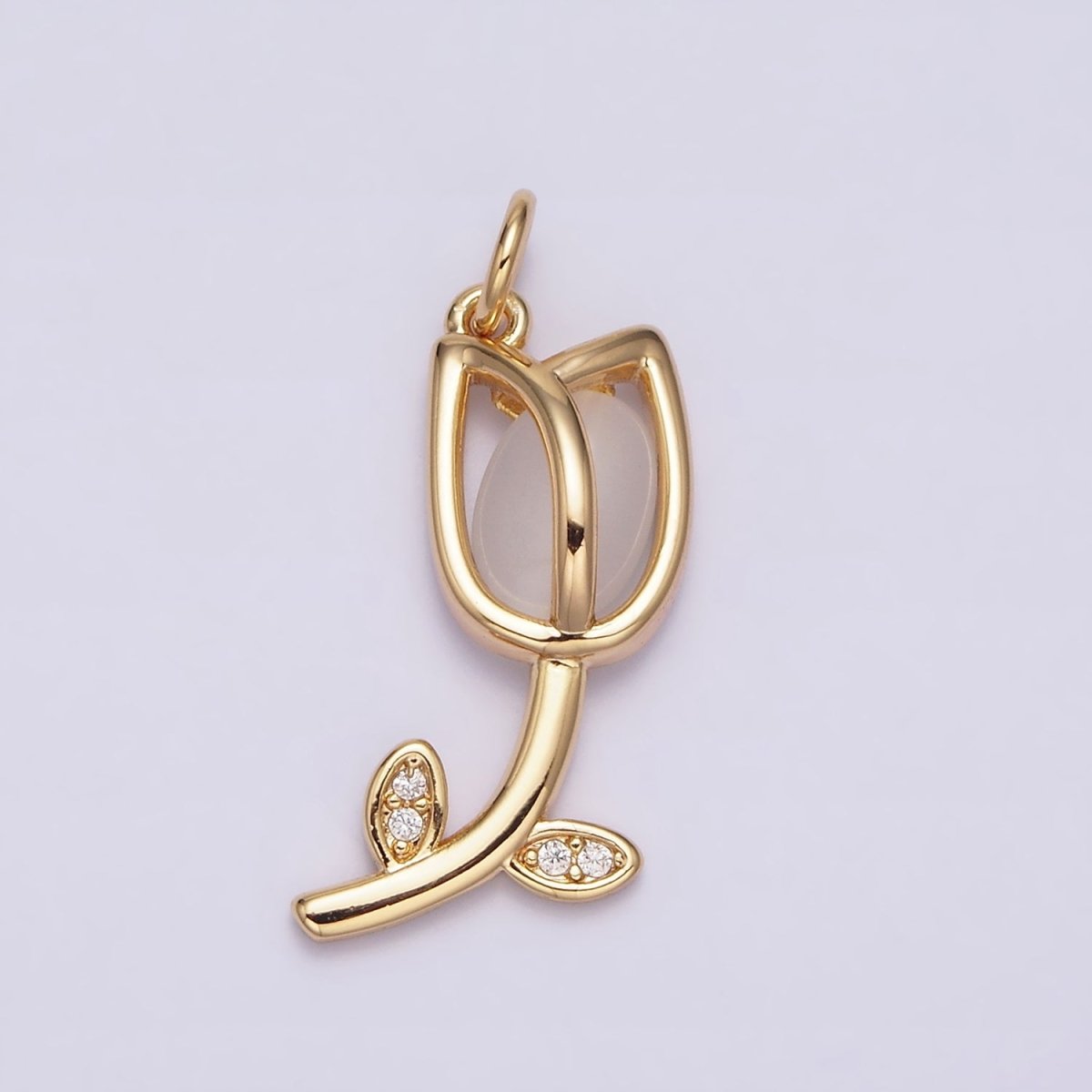 16K Gold Filled Flower Tulip Rose White, Blue, Pink Cat Eye Cabochon Charm in Gold & Silver | AC1073 - AC1078 - DLUXCA