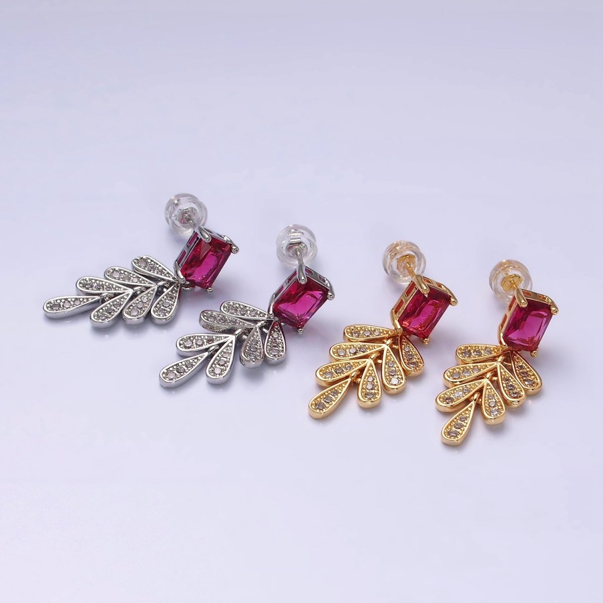 16K Gold Filled Fuchsia Baguette Micro Paved CZ Olive Leaf Drop Stud Earrings in Gold & Silver | AD1082 AD1083 - DLUXCA