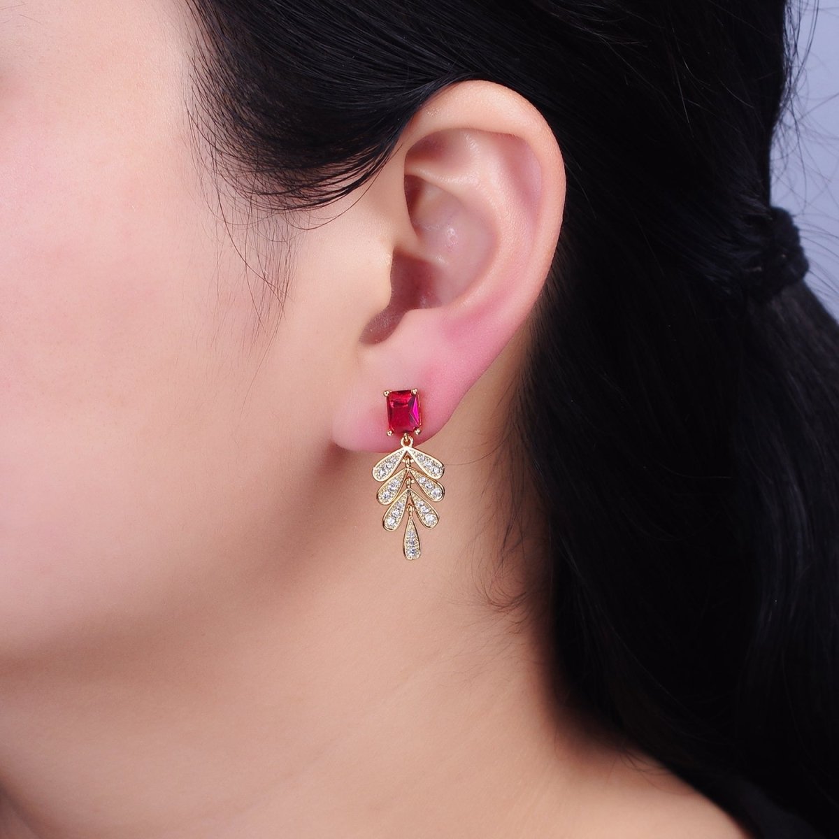 16K Gold Filled Fuchsia Baguette Micro Paved CZ Olive Leaf Drop Stud Earrings in Gold & Silver | AD1082 AD1083 - DLUXCA