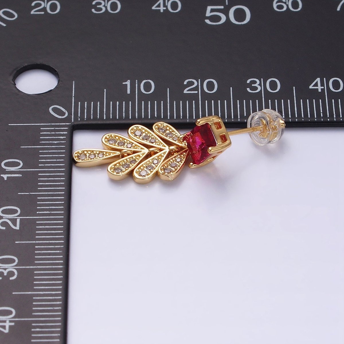 16K Gold Filled Fuchsia Baguette Micro Paved CZ Olive Leaf Drop Stud Earrings in Gold & Silver | AD1082 AD1083 - DLUXCA