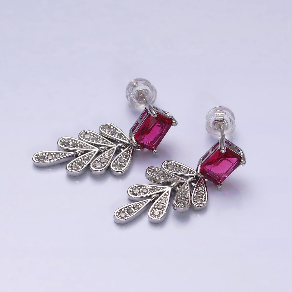 16K Gold Filled Fuchsia Baguette Micro Paved CZ Olive Leaf Drop Stud Earrings in Gold & Silver | AD1082 AD1083 - DLUXCA