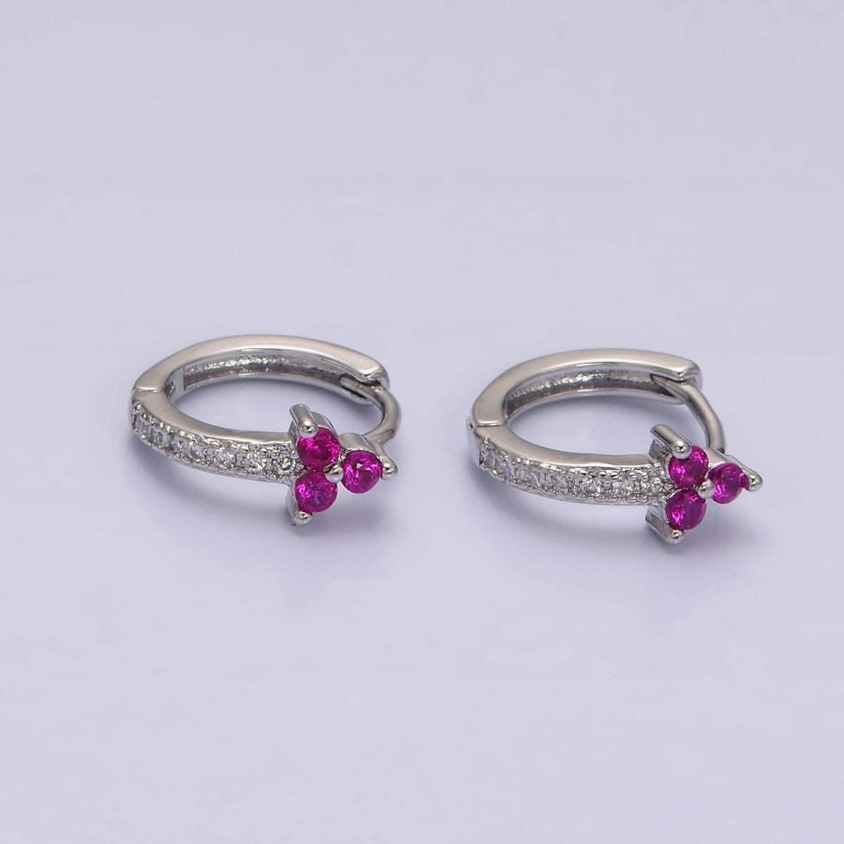 16K Gold Filled Fuchsia CZ Triple Flower Arrow Lined 11mm Cartilage Huggie Earrings in Silver & Gold | Y-877 AD-1285 - DLUXCA