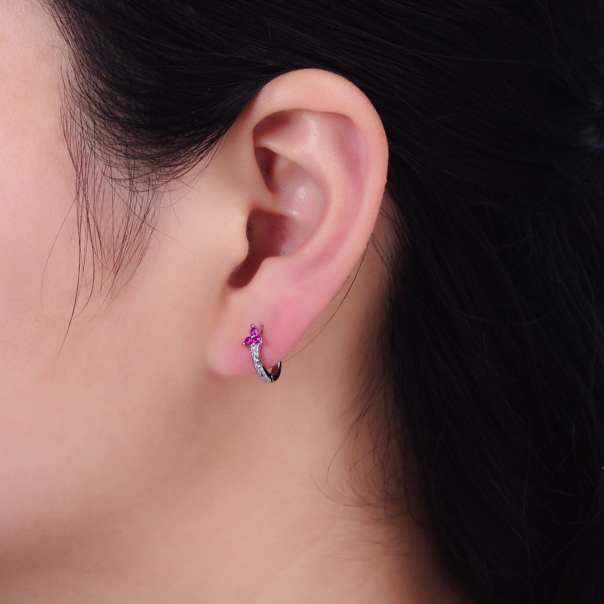 16K Gold Filled Fuchsia CZ Triple Flower Arrow Lined 11mm Cartilage Huggie Earrings in Silver & Gold | Y-877 AD-1285 - DLUXCA