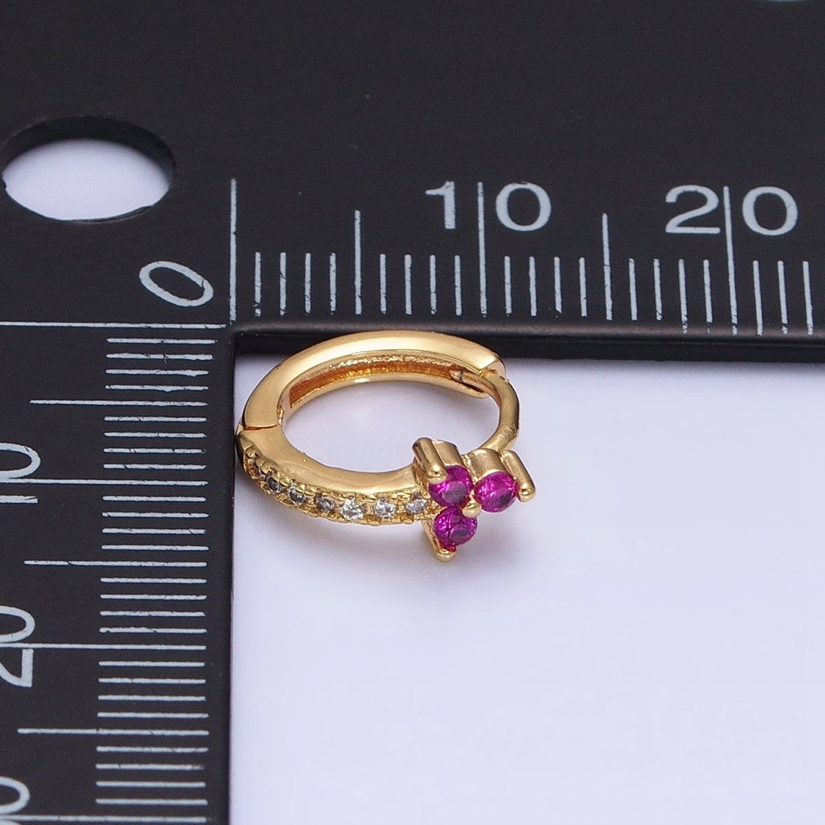 16K Gold Filled Fuchsia CZ Triple Flower Arrow Lined 11mm Cartilage Huggie Earrings in Silver & Gold | Y-877 AD-1285 - DLUXCA