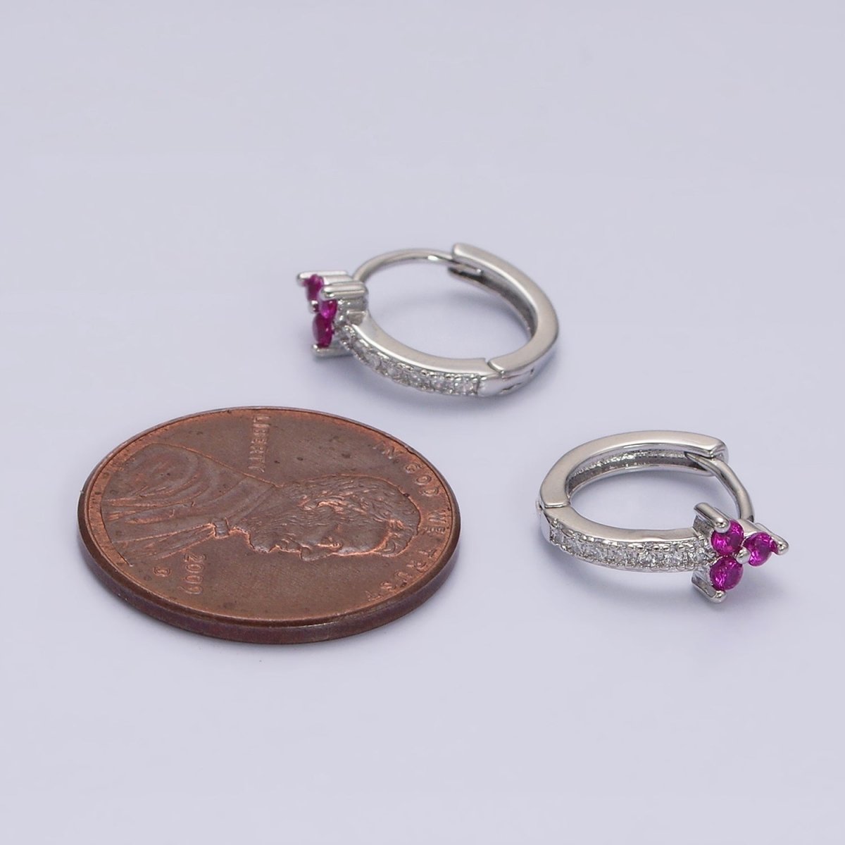 16K Gold Filled Fuchsia CZ Triple Flower Arrow Lined 11mm Cartilage Huggie Earrings in Silver & Gold | Y-877 AD-1285 - DLUXCA
