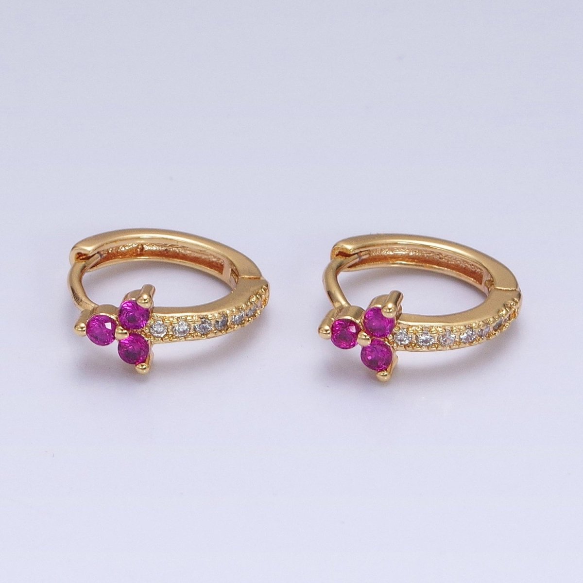 16K Gold Filled Fuchsia CZ Triple Flower Arrow Lined 11mm Cartilage Huggie Earrings in Silver & Gold | Y-877 AD-1285 - DLUXCA