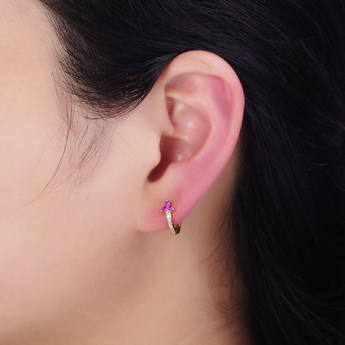 16K Gold Filled Fuchsia CZ Triple Flower Arrow Lined 11mm Cartilage Huggie Earrings in Silver & Gold | Y-877 AD-1285 - DLUXCA