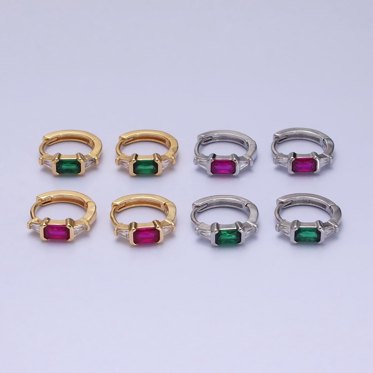 16K Gold Filled Fuchsia, Green Baguette Triangle CZ Huggie Earrings in Gold & Silver | AD867 - AD870 - DLUXCA