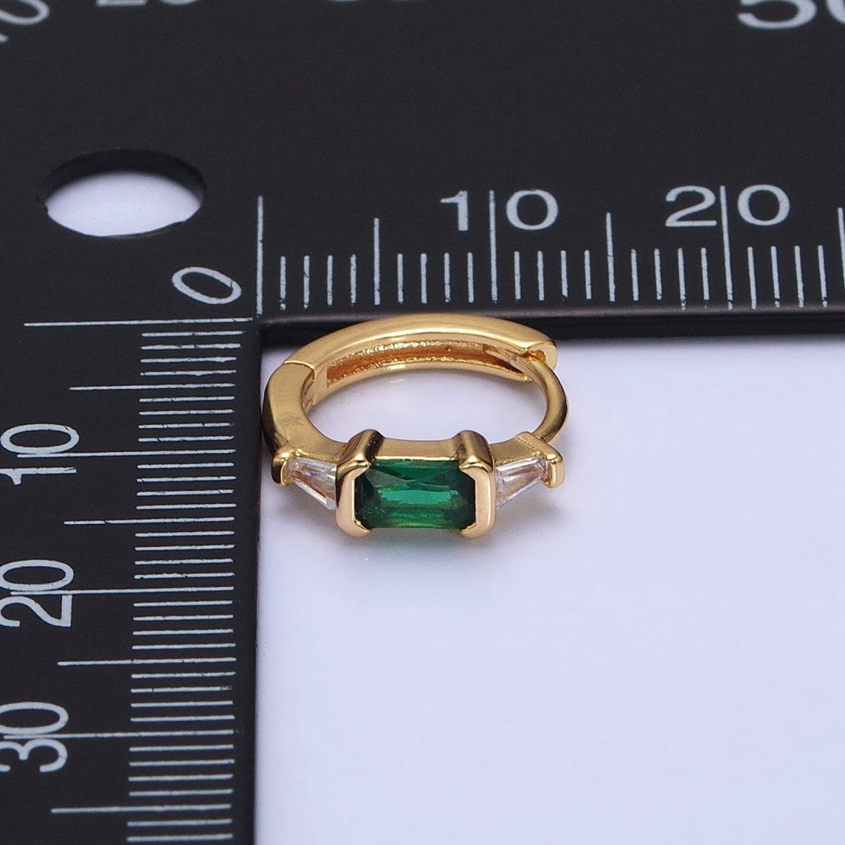 16K Gold Filled Fuchsia, Green Baguette Triangle CZ Huggie Earrings in Gold & Silver | AD867 - AD870 - DLUXCA