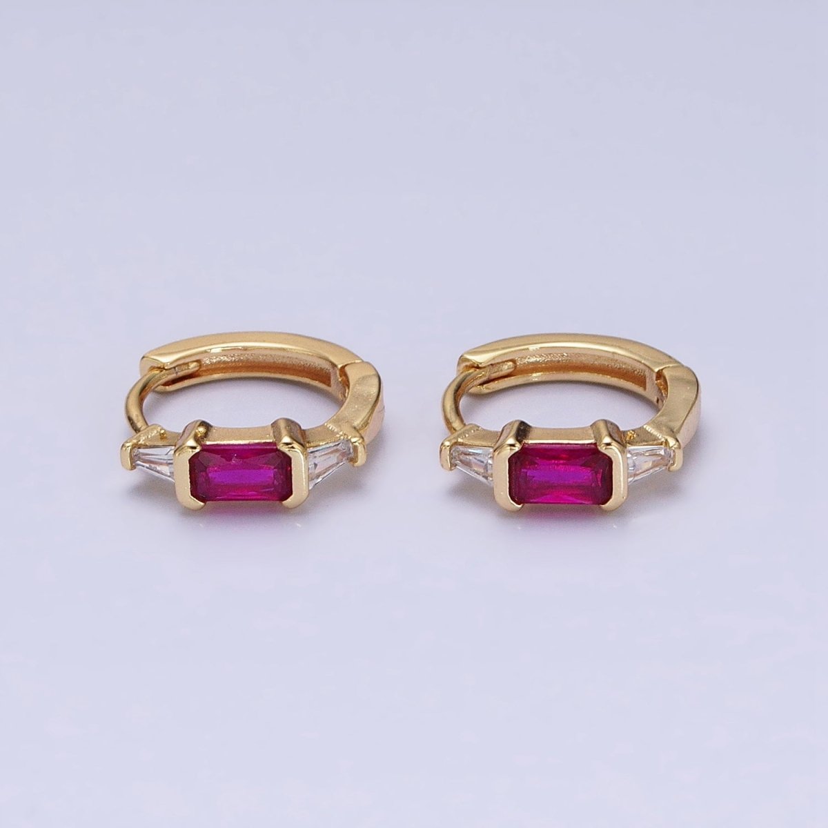 16K Gold Filled Fuchsia, Green Baguette Triangle CZ Huggie Earrings in Gold & Silver | AD867 - AD870 - DLUXCA