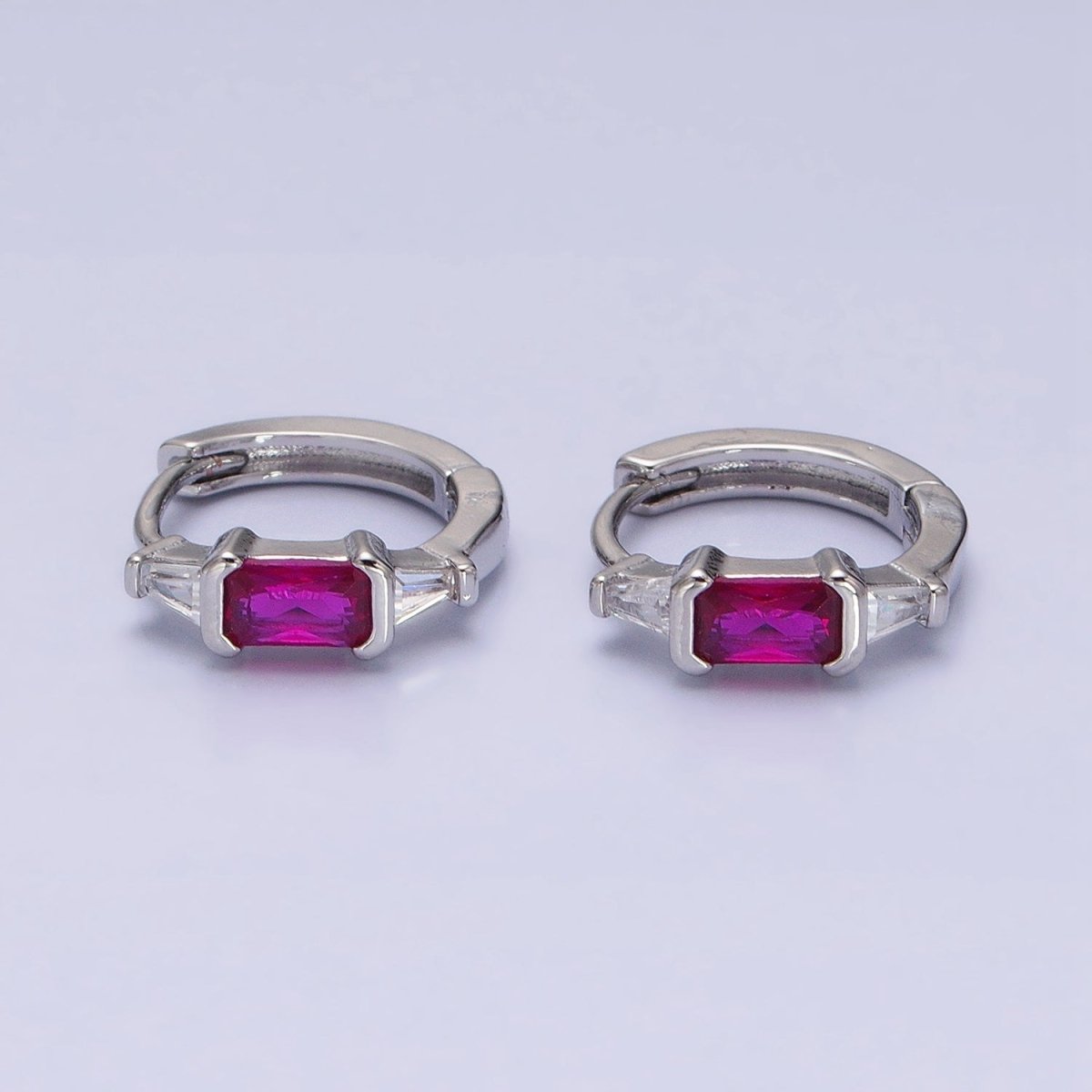 16K Gold Filled Fuchsia, Green Baguette Triangle CZ Huggie Earrings in Gold & Silver | AD867 - AD870 - DLUXCA
