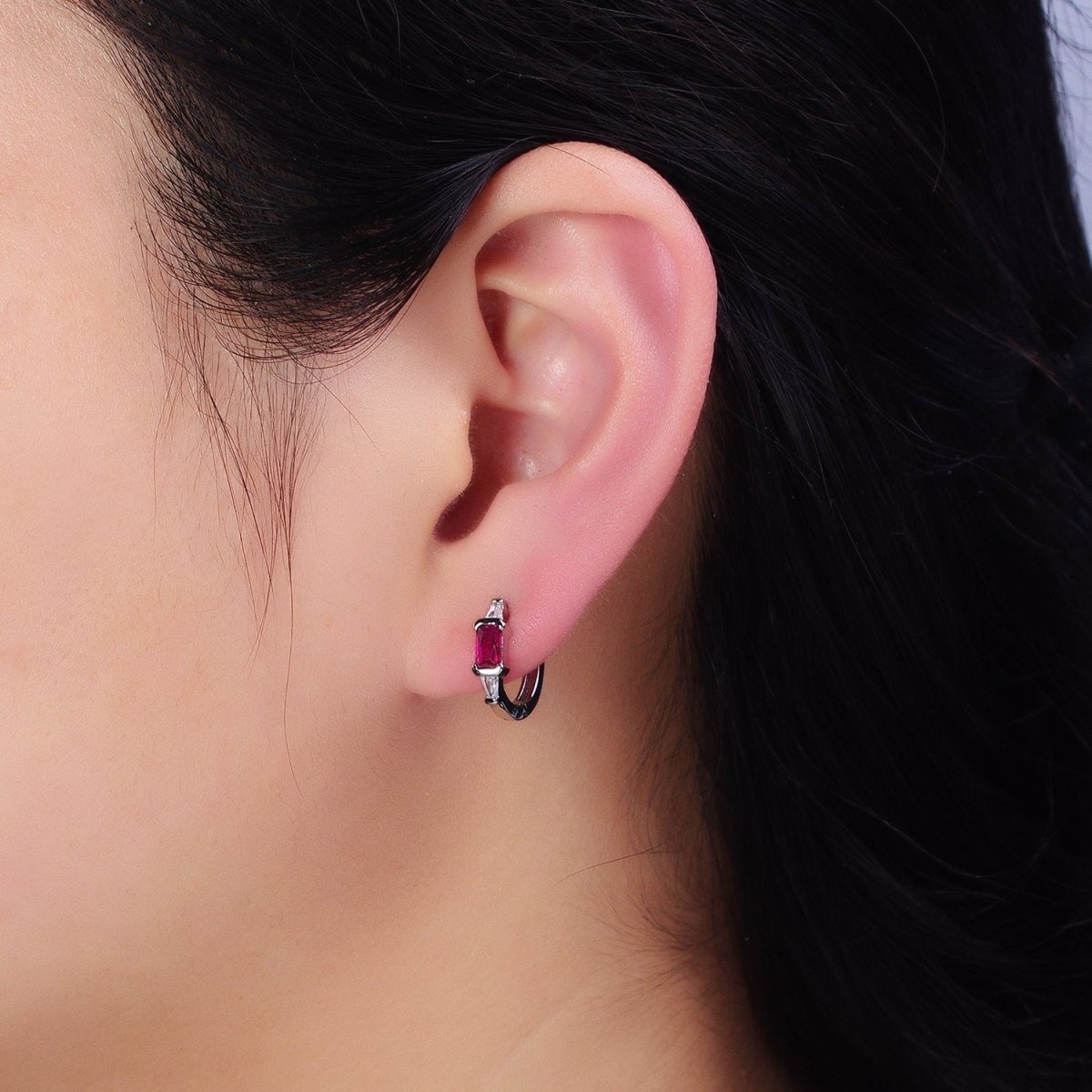 16K Gold Filled Fuchsia, Green Baguette Triangle CZ Huggie Earrings in Gold & Silver | AD867 - AD870 - DLUXCA