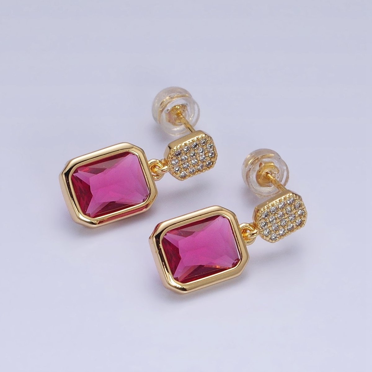 16K Gold Filled Fuchsia, Green Multifaceted Baguette CZ Drop Micro Paved Bar Stud Earrings in Gold & Silver | AD1112 - AS1115 - DLUXCA