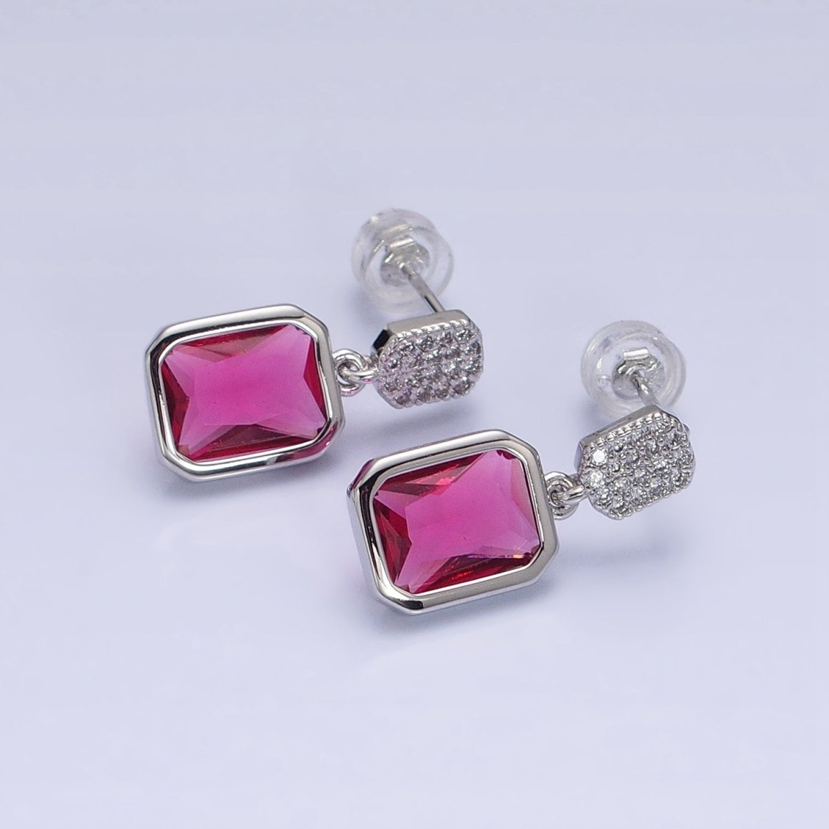 16K Gold Filled Fuchsia, Green Multifaceted Baguette CZ Drop Micro Paved Bar Stud Earrings in Gold & Silver | AD1112 - AS1115 - DLUXCA