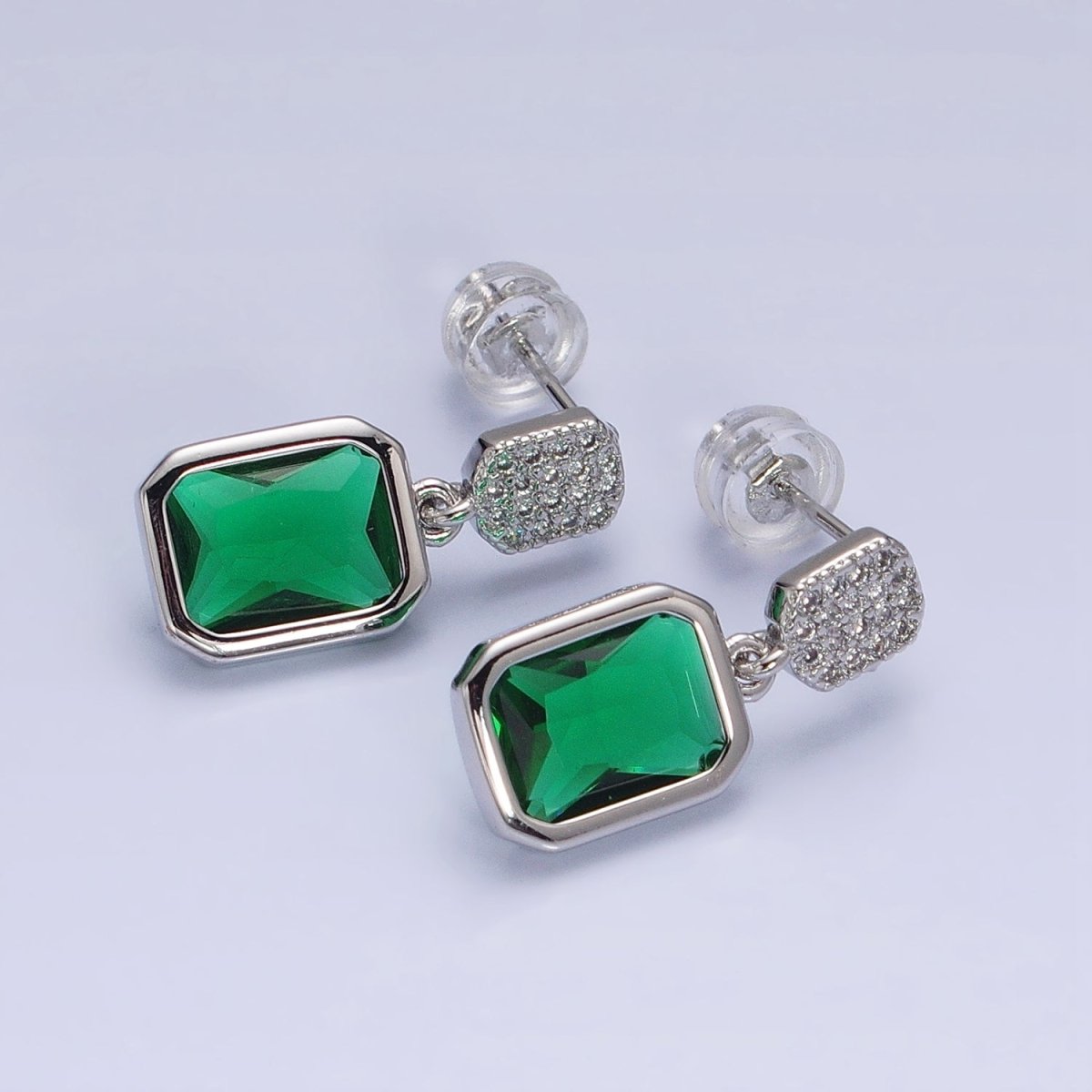 16K Gold Filled Fuchsia, Green Multifaceted Baguette CZ Drop Micro Paved Bar Stud Earrings in Gold & Silver | AD1112 - AS1115 - DLUXCA