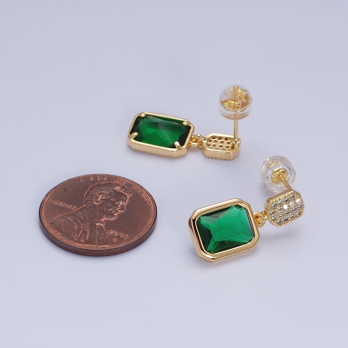 16K Gold Filled Fuchsia, Green Multifaceted Baguette CZ Drop Micro Paved Bar Stud Earrings in Gold & Silver | AD1112 - AS1115 - DLUXCA