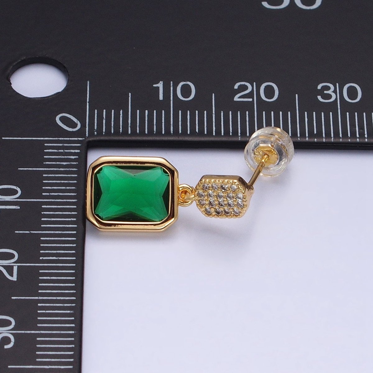 16K Gold Filled Fuchsia, Green Multifaceted Baguette CZ Drop Micro Paved Bar Stud Earrings in Gold & Silver | AD1112 - AS1115 - DLUXCA