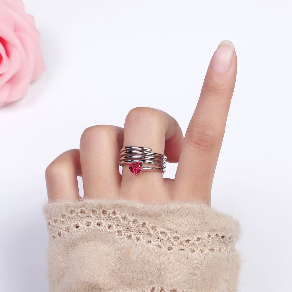 16K Gold Filled Fuchsia Heart Multiple Band Statement Ring in Gold & Silver | O-1607 O-1608 - DLUXCA