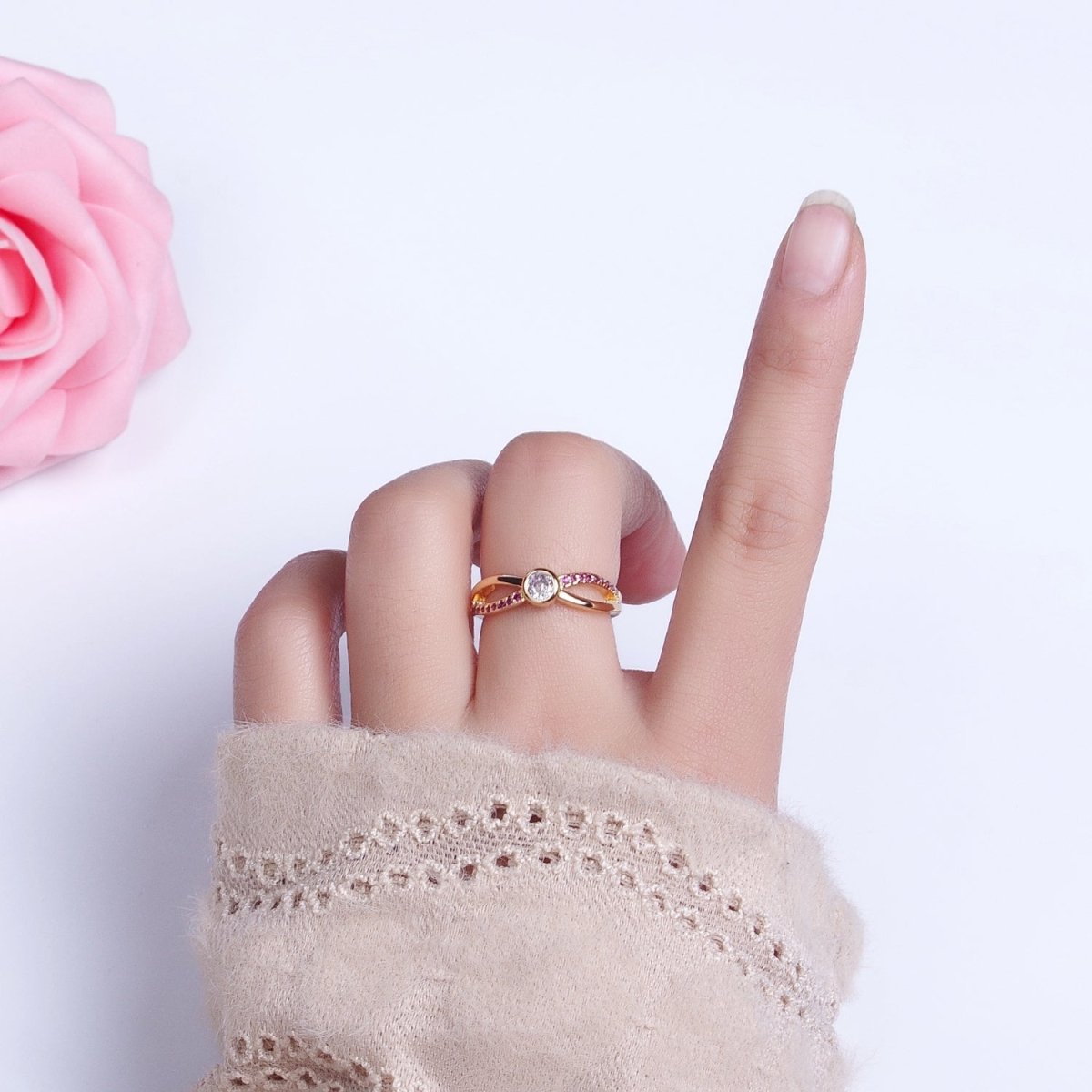 16K Gold Filled Fuchsia Micro Paved Infinity Geometric CZ Adjustable Ring in Gold & Silver | O-1912 O-1913 - DLUXCA