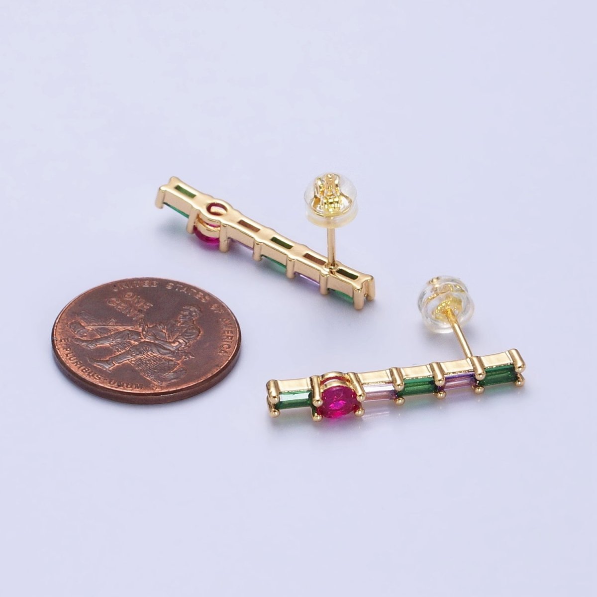 16K Gold Filled Fuchsia Multicolor Baguette Round CZ Linear Drop Stud Earrings in Gold & Silver | AB362 AB363 - DLUXCA