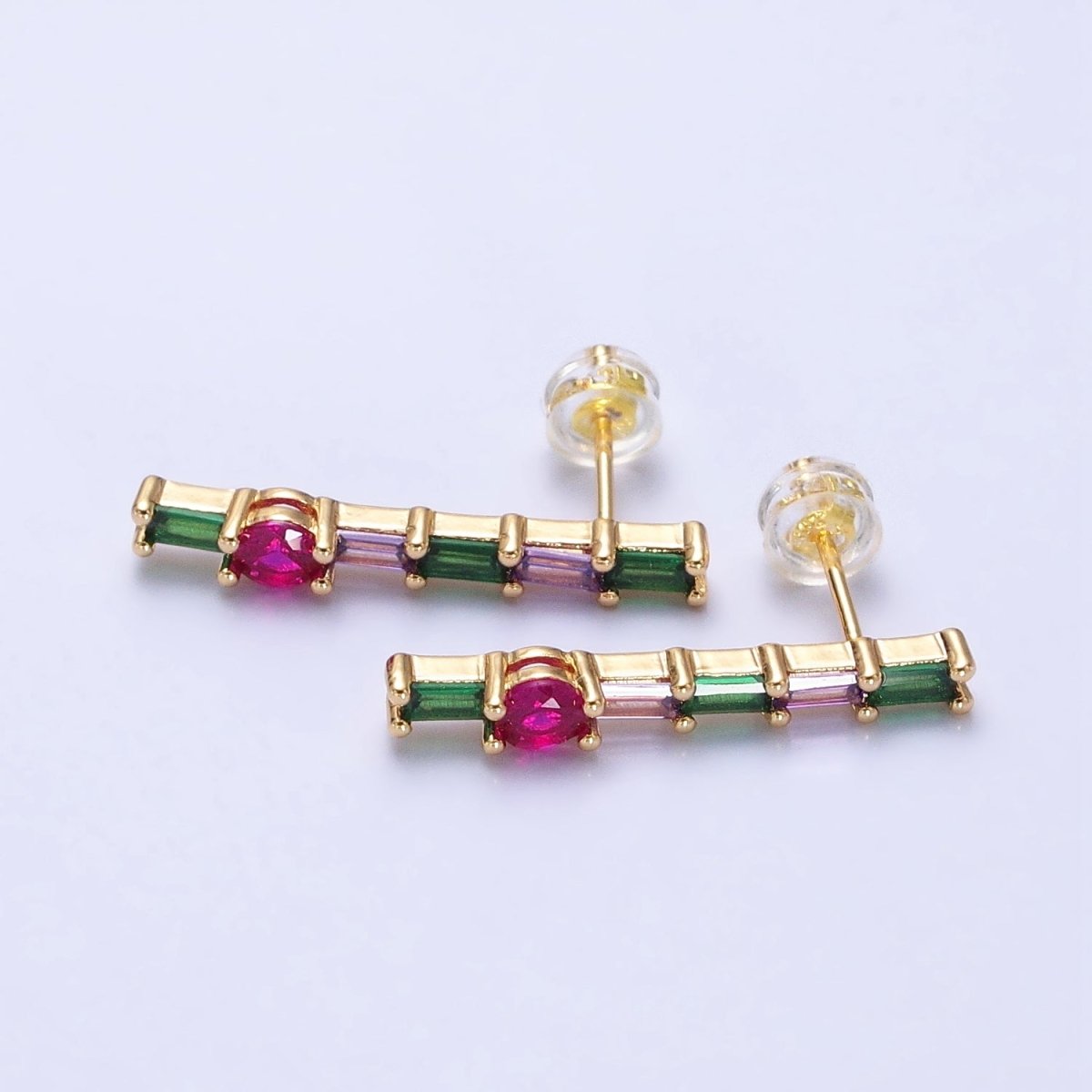 16K Gold Filled Fuchsia Multicolor Baguette Round CZ Linear Drop Stud Earrings in Gold & Silver | AB362 AB363 - DLUXCA