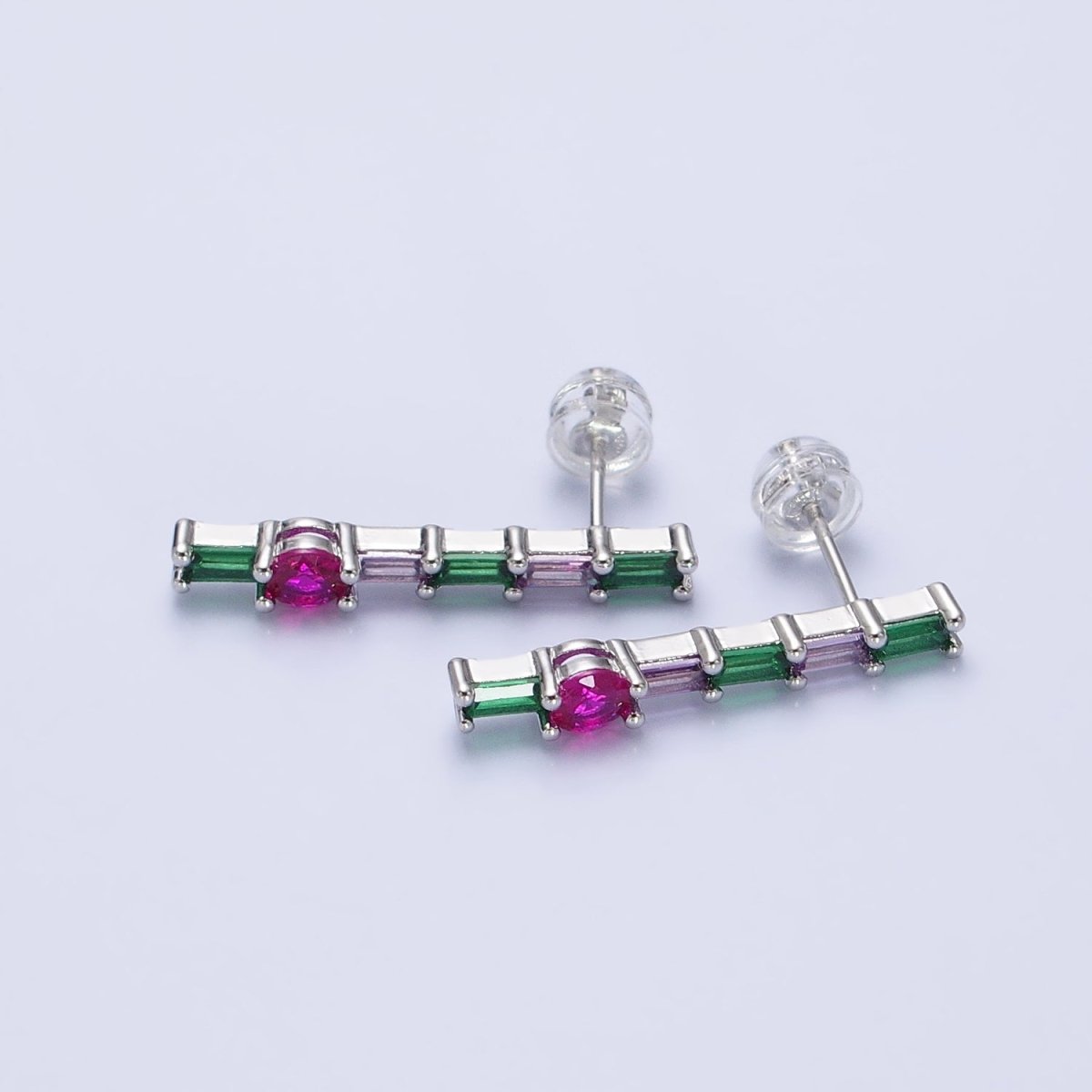16K Gold Filled Fuchsia Multicolor Baguette Round CZ Linear Drop Stud Earrings in Gold & Silver | AB362 AB363 - DLUXCA