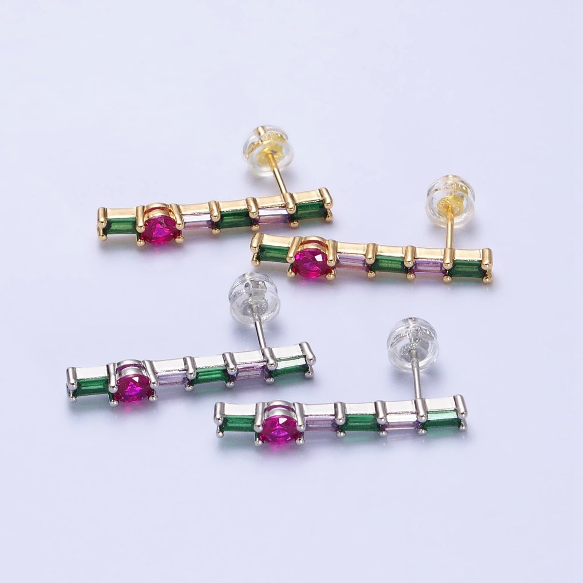 16K Gold Filled Fuchsia Multicolor Baguette Round CZ Linear Drop Stud Earrings in Gold & Silver | AB362 AB363 - DLUXCA