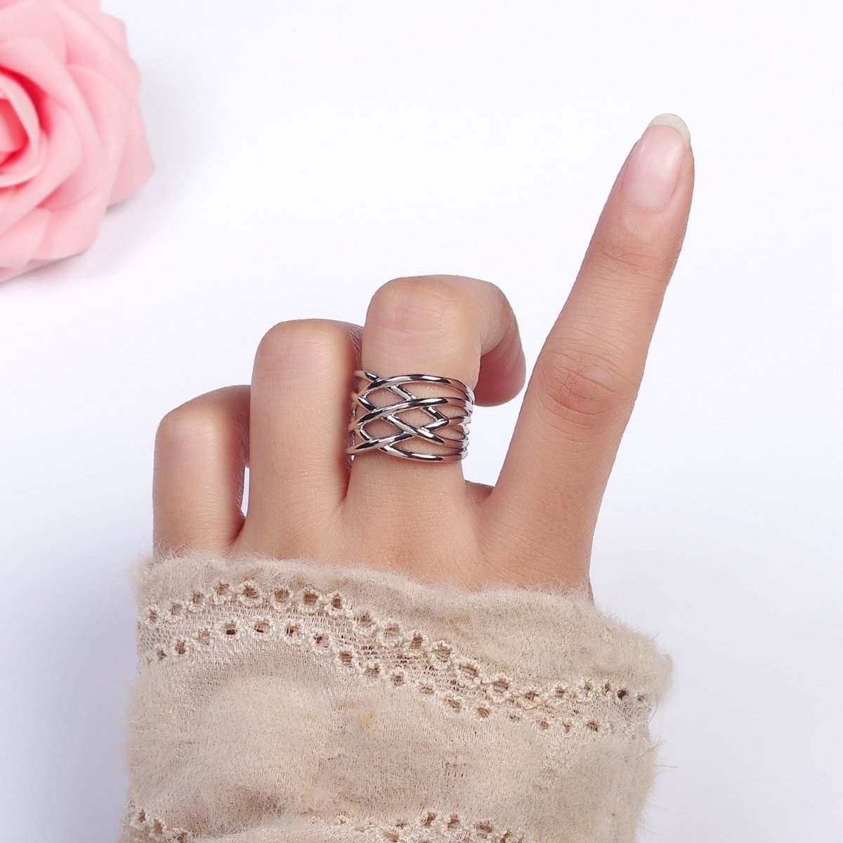 16K Gold Filled Geometric Multiple Band Statement Ring in Gold & Silver | O-1980 O-1981 - DLUXCA