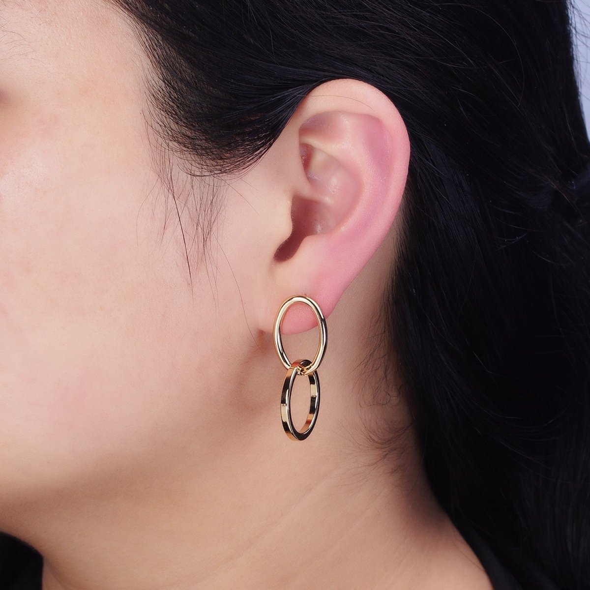 16K Gold Filled Geometric Open Oval Round Double Drop Stud Earrings in Gold & Silver | AD1141 AD1142 - DLUXCA