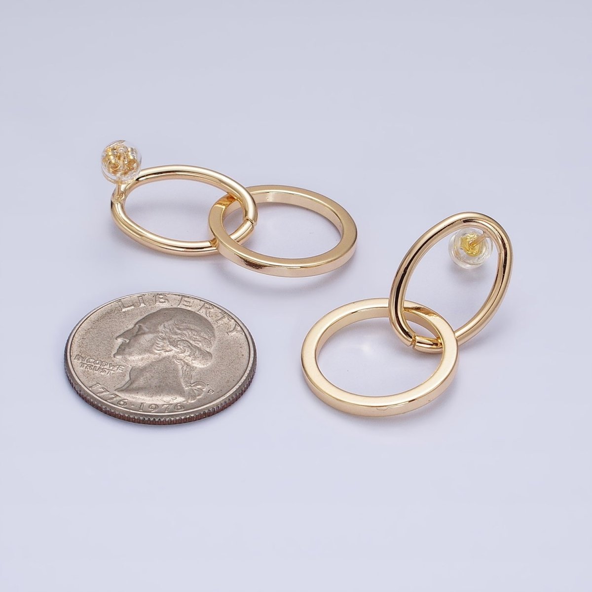 16K Gold Filled Geometric Open Oval Round Double Drop Stud Earrings in Gold & Silver | AD1141 AD1142 - DLUXCA