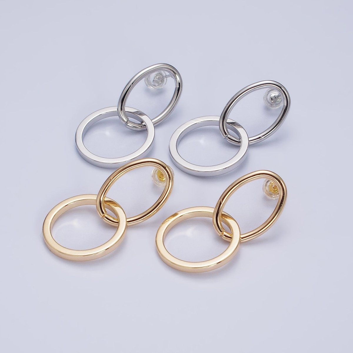 16K Gold Filled Geometric Open Oval Round Double Drop Stud Earrings in Gold & Silver | AD1141 AD1142 - DLUXCA