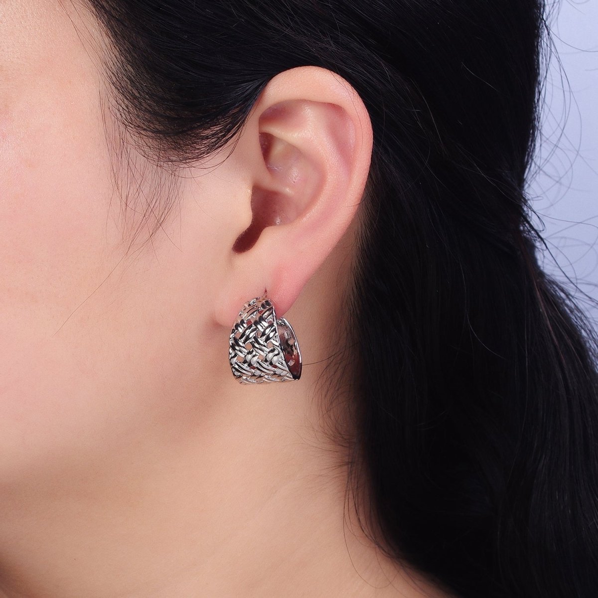 16K Gold Filled Geometric Rattan Textured C-Shaped 20mm Hoop Earrings in Gold & Silver | AB456 AD897 - DLUXCA