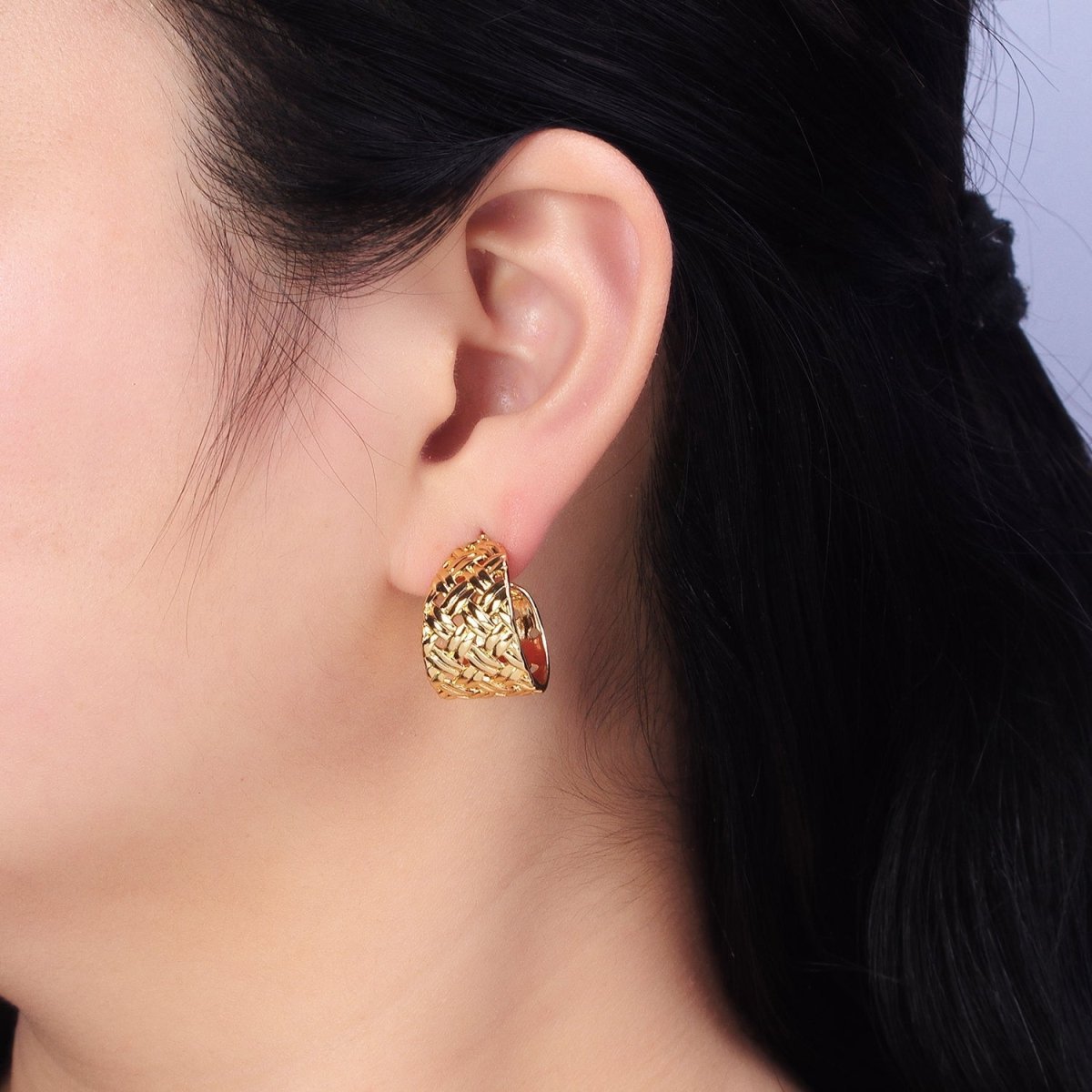 16K Gold Filled Geometric Rattan Textured C-Shaped 20mm Hoop Earrings in Gold & Silver | AB456 AD897 - DLUXCA